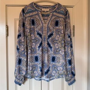 Hale Bob Blue and White Scout Paisley V-Neck Long-Sleeve Blouse XL